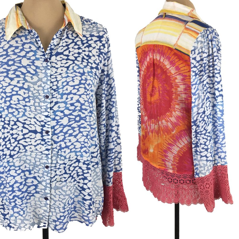 Ruby Yaya Button Down Tie Dye Tunic Shirt Crochet Lace